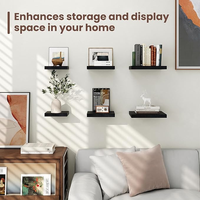 Fun Memories Floating Shelves for Wall - 9.3 Inch Square Shelves with Invisible Brackets, Black Small Wall Shelf for Living Room, Bathroom, Bedroom, and Kitchen Decor，Set of 4