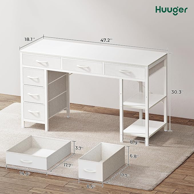 Huuger Computer Desk with 6 Drawers, Office Desk with Shelves, Reversible Gaming Desk, Corner Desk with Storage, Work for Home Office, Study, Living Room, 47inch, White