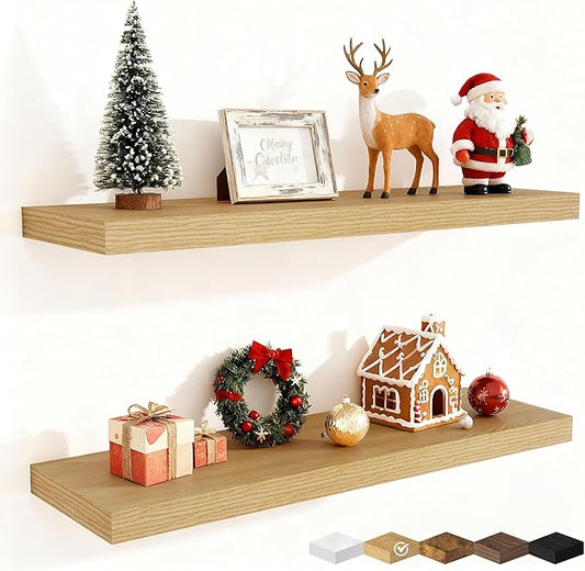 Fun Memories Floating Shelves for Wall, 32 Inch Rustic Wood Wall Mounted Shelves for Bathroom, Bedroom, Kitchen, Living Room, Deep Floating Shelves for Storage & Home Decor (Oak, Set of 2)