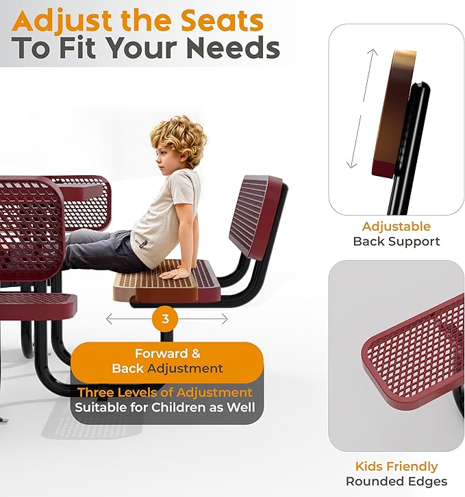 Metal Picnic Tables for Outdoors with Umbrella Hole - Coated Steel Heavy Duty Commercial Grade Furniture with Adjustable Seats (Red, 46 in, Square with Back, Expanded Steel)