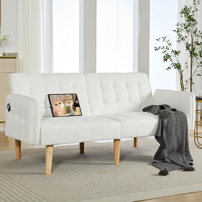 TYBOATLE Modern White Faux Leather Upholstered Convertible USB Folding Futon Sofa Bed, 65" Couch, Love Seats Furniture for Small Space Configuration, Apartment, Dorm, Living Room, Office