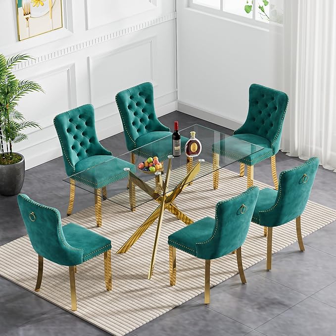 Goujxcy Glass Dining Table Set for 6, Modern Kitchen Table and Chairs Set of 6, 7-Piece Kitchen Dining Room Table Set w/51 Glass Gold Dining Table and 6 Green Velvet Upholstered Chairs