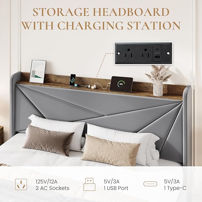 SHA CERLIN King Size Bed Frame with 3 Drawers, USB & Type-C Charging Ports, Velvet Upholstered Platform Bed with Modern Geometric Wingback Storage Headboard, No Box Spring Needed, Easy Assembly, Grey
