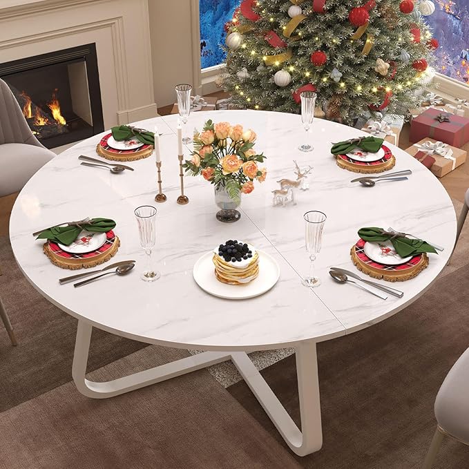 LVB White Faux Marble Round Dining Table, Circle Dining Table Kitchen 4-6 People, Mid-Century Pedestal Dinner Office Living Room, White Marble, 51 Inch