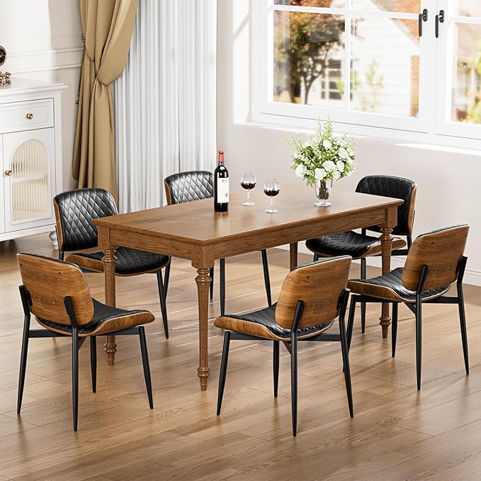 Dining Chairs Set of 4, FSC Certified Mid Century Modern Accent Dining Room and Kitchen Chairs, Upholstered PU Leather Diamond Check Chairs with Walnut Bentwood and Metal Legs, Black