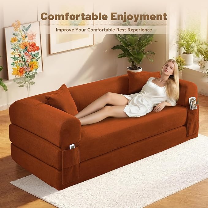 Convertible Folding Sofa Bed,80" Pull Out Couch with Pillows & Storage Pocket,Modular Futon Bed Corduroy Queen Sleeper Sofa in a Box,Compression Boneless Couch for Living Room,Orange
