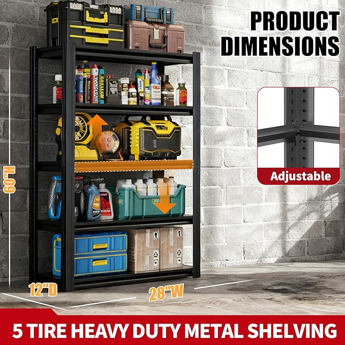 Heavy Duty Garage Shelving, Metal Storage Shelves, Adjustable 5 Tier Metal Shelving Unit, Industrial Utility Rack for Garage, Warehouse, Workshop, 12" D×27.5" W×60" H, Black