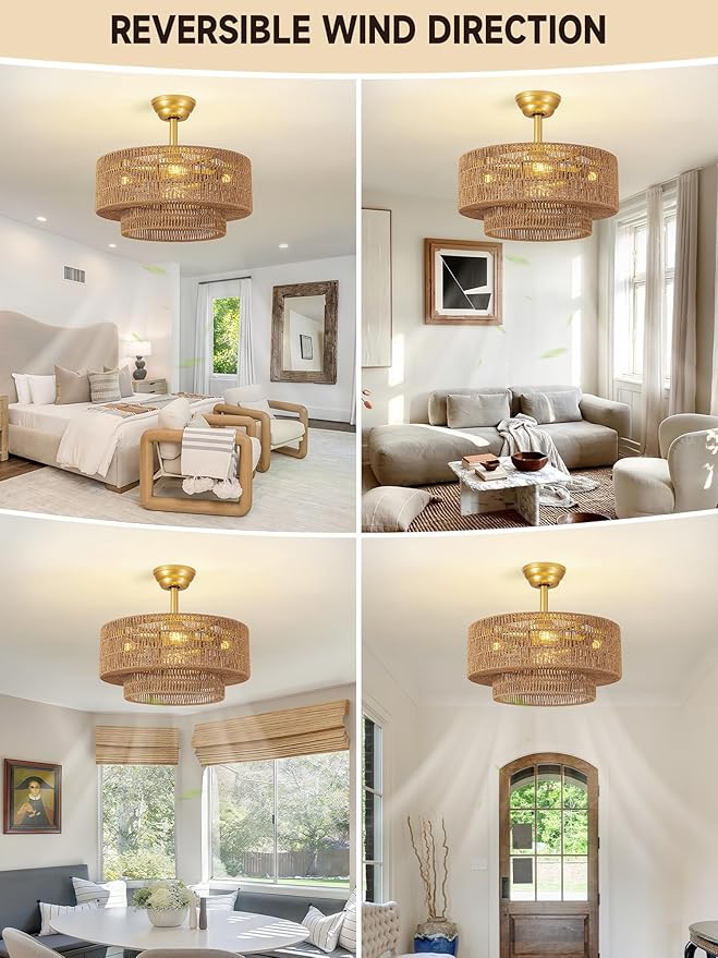 Boho Caged Fandelier with Lights Flush Mount Rattan Ceiling Fan with Lights and Remote Control, Enclosed 6 Speeds Low Profile Fan Light for Bedroom, Living Room, Kitchen