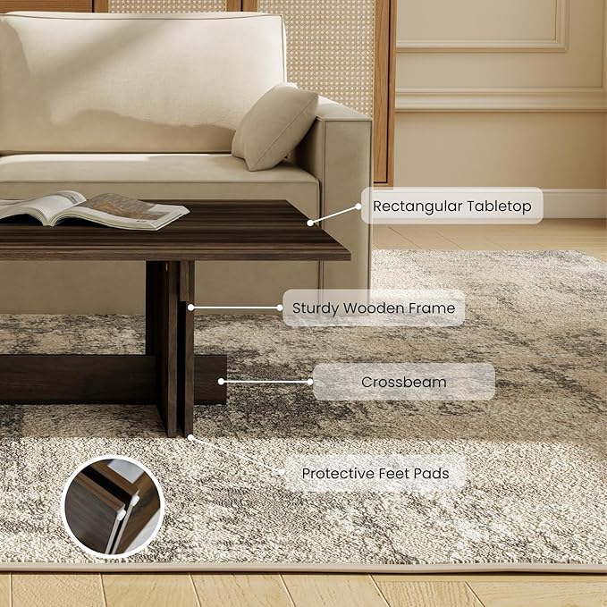 47 Inch Modern Farmhouse Coffee Table, Large Rectangular Wood Center Table with Cross Base for Living Room, Rustic Industrial Cocktail Table, Walnut