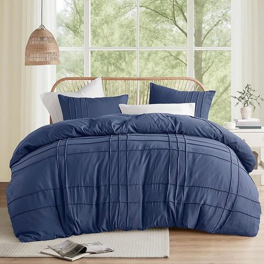 Comfort Spaces Navy Queen Size Comforter Set - 3 Pieces Pintuck Pleated Bedding Sets, All Season Lightweight, Extra Softness Pre-Washed Microfiber Queen Bed Set, Shams, Queen