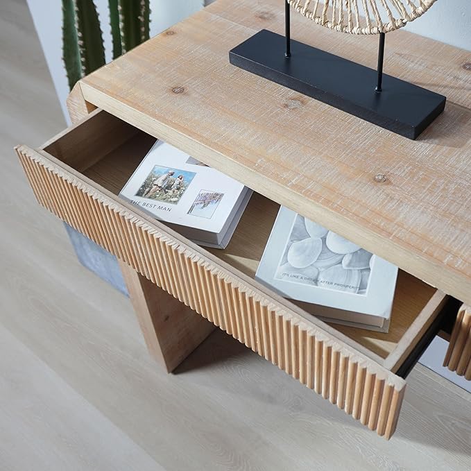 Rustic Wooden Console Table with Drawer, Sofa Table Behind Couch with Ribbed Texture, Retro Entryway Table for Hallway Foyer (51.8 Inch, Natural Wood)