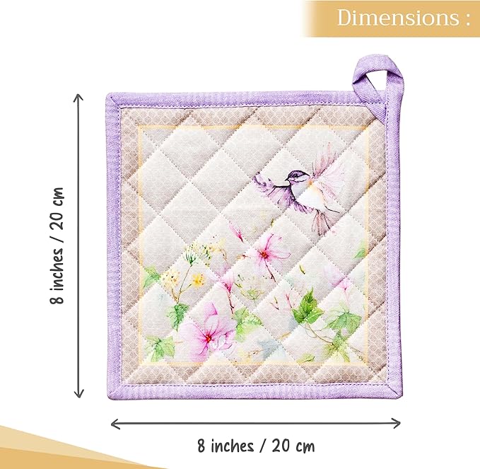 Maison d' Hermine Pot Holders 100% Cotton Heat Resistant Potholders 8" x 8" Hot Pads with Loop BBQ, Cooking, Baking, Grilling, Kitchen, Handling Hot Pans Spring/Summer (Pack of 1, Magnolia Mornings)