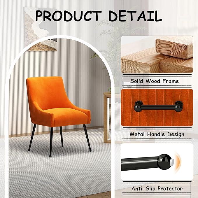 Velvet Dining Chairs Set of 6,Orange Upholstered Living Room Chairs with Black Metal Legs, Modern Tufted Accent Chairs for Living Room, Study Room, Kitchen