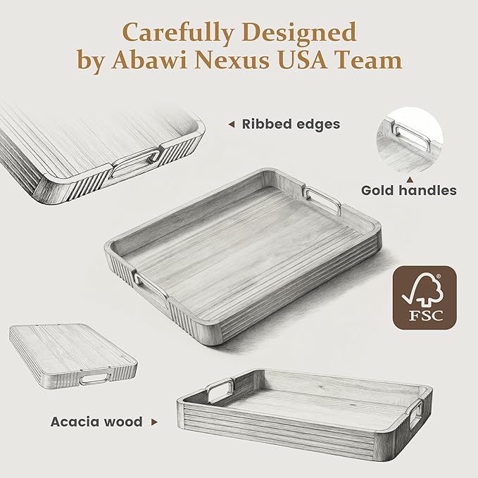 Acacia Wood Serving Tray with Metal Handles – 17x12in Rustic Decorative Ottoman & Coffee Table Tray for Breakfast in Bed, Dinner, Bar, Kitchen, Home Décor & Entertaining