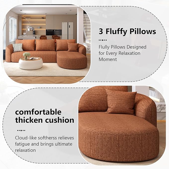 111" Modular Sectional Couches Luxury Modern Curved Back Sofa,Minimalist Comfy L-Shape Boneless Cloud Couch for Living Room Apartment,(Right Facing Chaise,Orange)