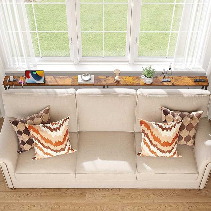 ELYKEN 94.5" Narrow Console Sofa Table with Power Outlet, 5.9'' Behind Couch Table with Charging Station, Long Entryway Tables for Living Room, Hallway, Rustic Brown