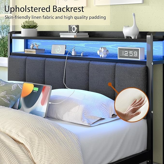 King Bed Frame with LED Lights and Charging Station, Metal Platform Bed Frame King with Upholstered Storage Headboard, Heavy Duty Metal Slats, No Box Spring Needed, Easy Assembly, Dark Grey