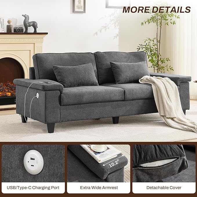 3 Seater Couch for Living Room, 79'' Comfy Deep Seat Sofa with Adjustable Armrests & USB/Type-C Charging Ports, Mid Century Modern Couch for Bedroom, Home Office,Gray