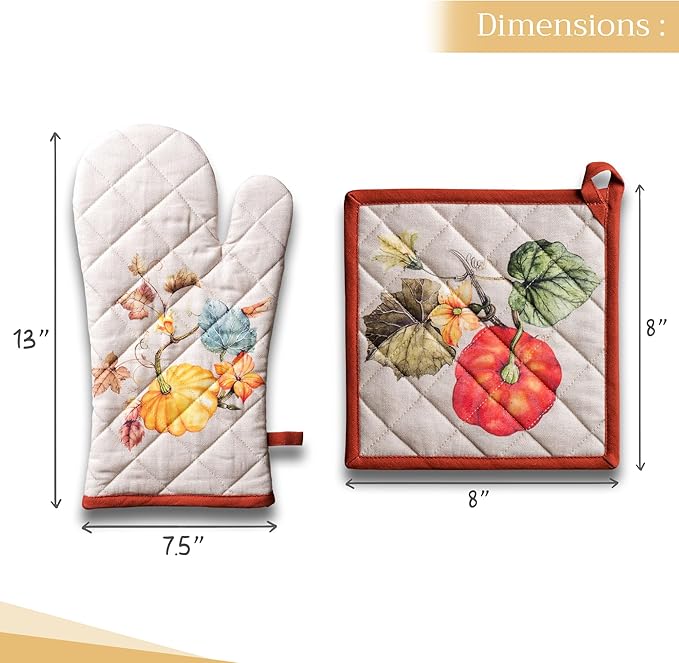 Maison d' Hermine 100% Cotton Oven Mitt & Pot Holder Set (7.5"x13" & 8"x8") Heat Resistant BBQ Cooking Gloves with Loop for Thanksgiving Christmas Decorations Handling Hot Pans (Potiron)