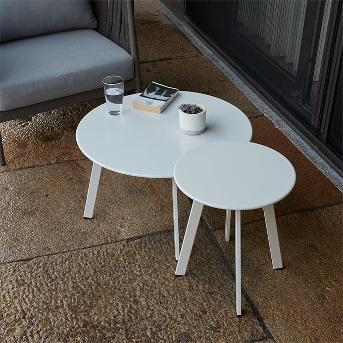 Outdoor Patio Coffee Table Set of 2, Weather Resistant End Table, Round Nesting Tables for Living Room Balcony Office, White