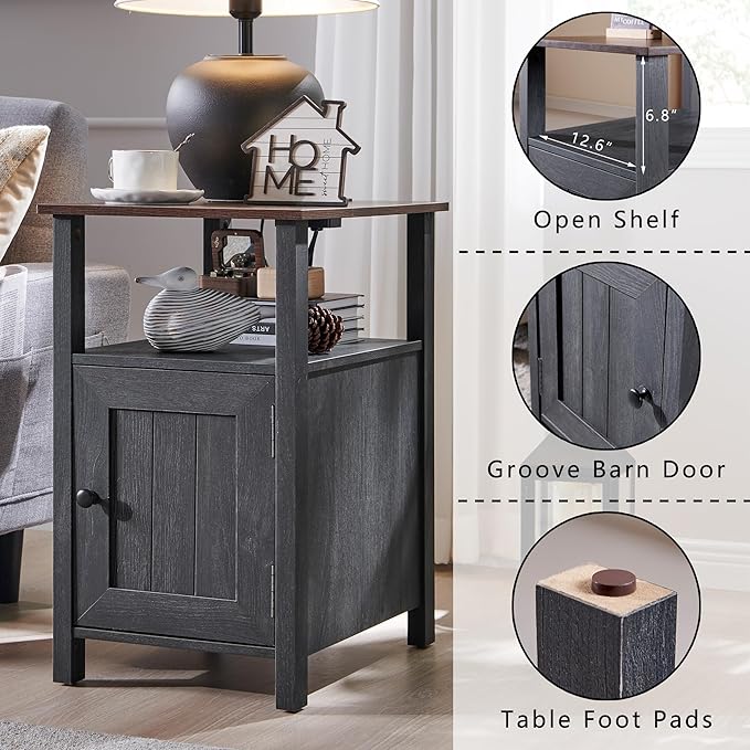 Farmhouse Nightstand Set of 2, End Table with Charging Station, Rustic Side Table w/Barn Door & Open Shelves, Bedside Table w/Storage Space and Storage Cabinet for Bedroom, Living Room Dark Grey