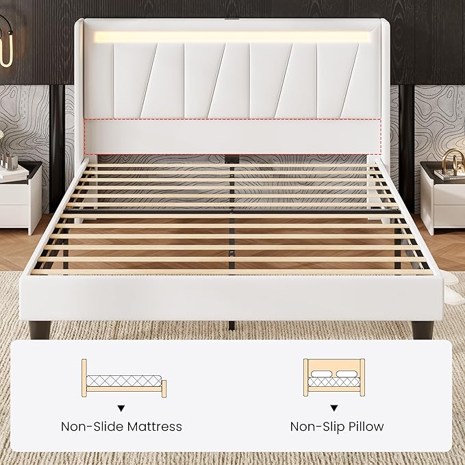 SHA CERLIN Full Size Bed Frame with Charging Station and LED Lights, Modern Velvet Platform Bed with Upholstered Geometric Wingback Headboard, No Box Spring Needed, Easy Assembly, White