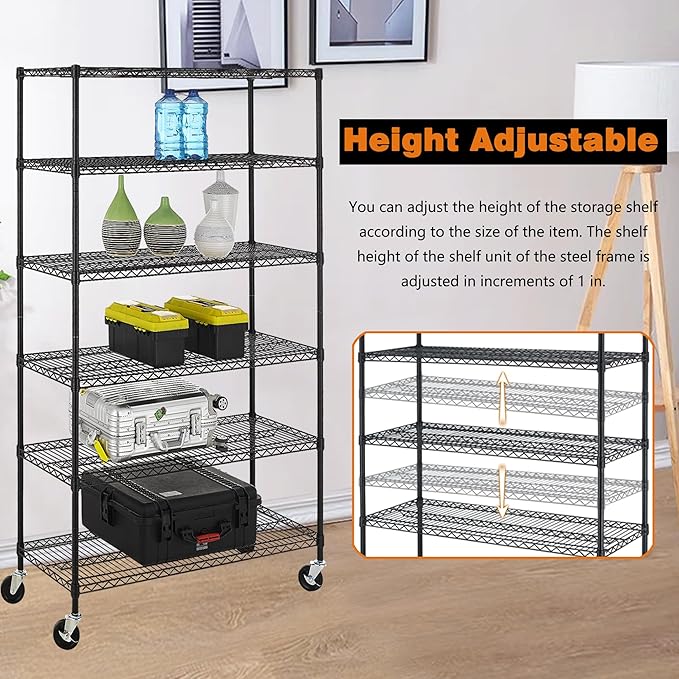 BestOffice Storage Shelves 6 Tier Metal Shelves Adjustable Heavy Duty Garage Shelving Wire Shelving Unit Capacity 6000LBS with Wheels for Kitchen, Garage Pantry Closet Commercial,Black