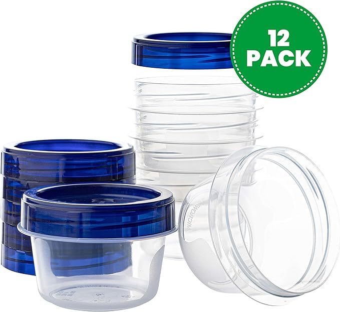 PLASTICPRO [4 oz 12 Pack] Twist Top Deli Containers Clear bottom With blue Top Twist on Lids Reusable, Stackable, Food Storage Freezer Container
