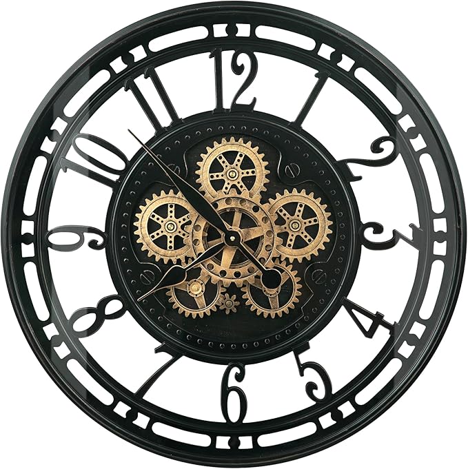 DORBOKER Real Moving Gears Wall Clock Large Modern Metal Clocks for Living Room Decor, Industrial Steampunk Unique Vintage Rustic Decorative Clock for Home Farmhouse Office, 21 Inch Black Gold Arabic