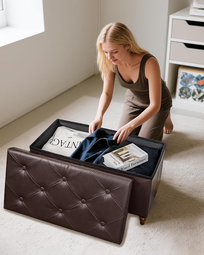 GLAXYFUR 30 Inches Storage Ottoman Bench with Wooden Legs, Faux Leather Folding Ottoman Foot Rest, Storage Bench for Living Room, Hallway & Bedroom, Upgrade Large Capacity (Engineered Wood, Brown)