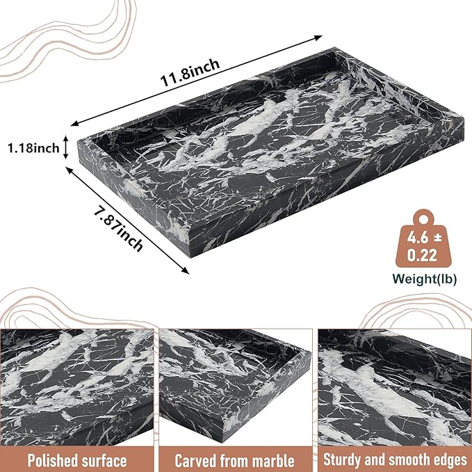 Marble Bathroom Tray,Pure Natural Vanity Tray,Marble Tray for Kitchen Counter Non-Ceramic/Non-Resin,Stone Trays 12 x 8 inch