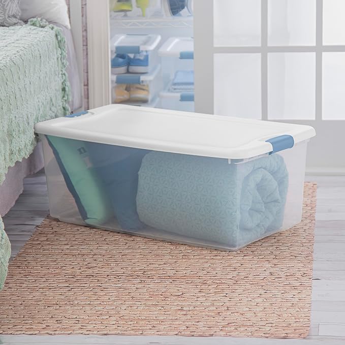 Sterilite 12-Pack Latching Box, Under Bed Storage Bins with Lids, Clear Plastic, 106 Quart - Heavy-Duty Organizing Containers for Closet, Bathroom, and Office