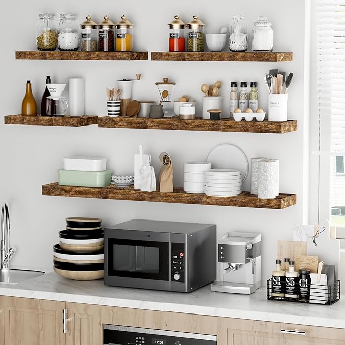 Fun Memories 24 Inch Floating Shelves - Deep Rustic Wooden Wall Shelves - Extra Deeper & Thicker Wall Mounted Storage Shelf for Bedroom, Kitchen, Farmhouse - 2 Pack, Rustic Brown