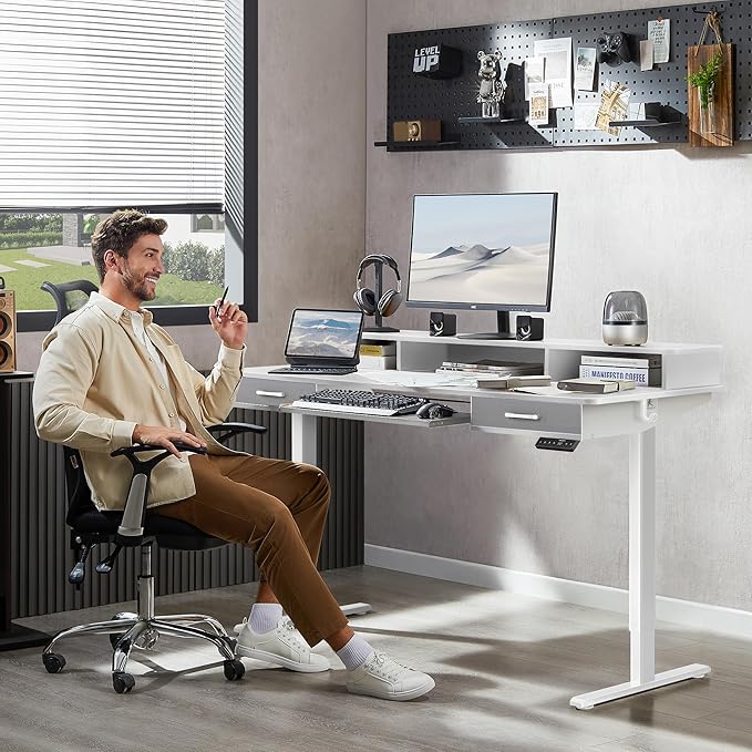 63 Inches Electric Standing Desk with Keyboard Tray, Height Adjustable Sit to Stand Table with 2 Drawers, Ergonomic Home Office Desk with Storage Shelf, Computer Table, White
