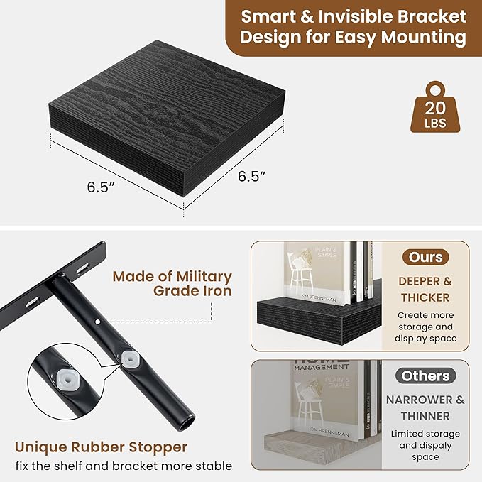 fuqing Floating Shelves for Wall, Wall Mounted Wood Floating Shelf with Invisible Brackets for Living Room, Bathroom, Bedroom, Kitchen Storage and Decor,6.5 Inch Set of 3, Black