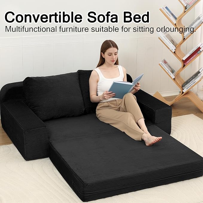 COMAX Convertible Sofa Bed Queen, Folding Floor Couch Corduroy Fold Out Couch Bed Sleeper Mattress with Back Pillows, Boneless Pull Out Loveseat Comfy Futon Lounge for Living Room Bedroom, Black