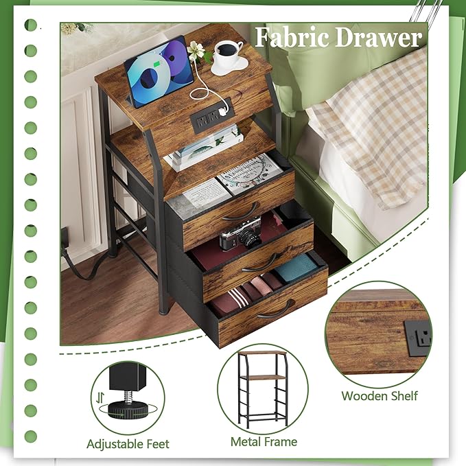 Furnulem Night Stand Set of 2, 28.3 Inch Bedside Table with Charging Station, 3 Fabric Drawers Side Table with Wood Shelf, End Table with USB Ports & Outlets for Bedroom, 3 Ways to Use, Rustic Brown
