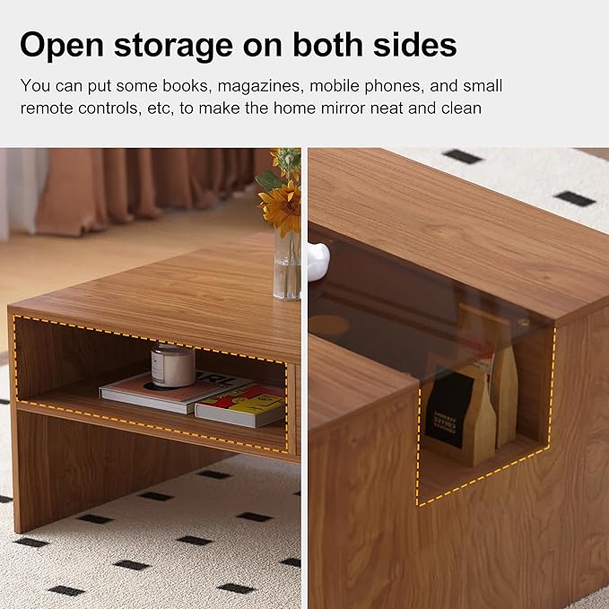 Modern Wood Coffee Table with LED Lights, 51.18" Rectangular Living Room Center Table with Glass Display, Hidden Compartment & Open Storage Shelves, Contemporary Coffee Table for Home Décor