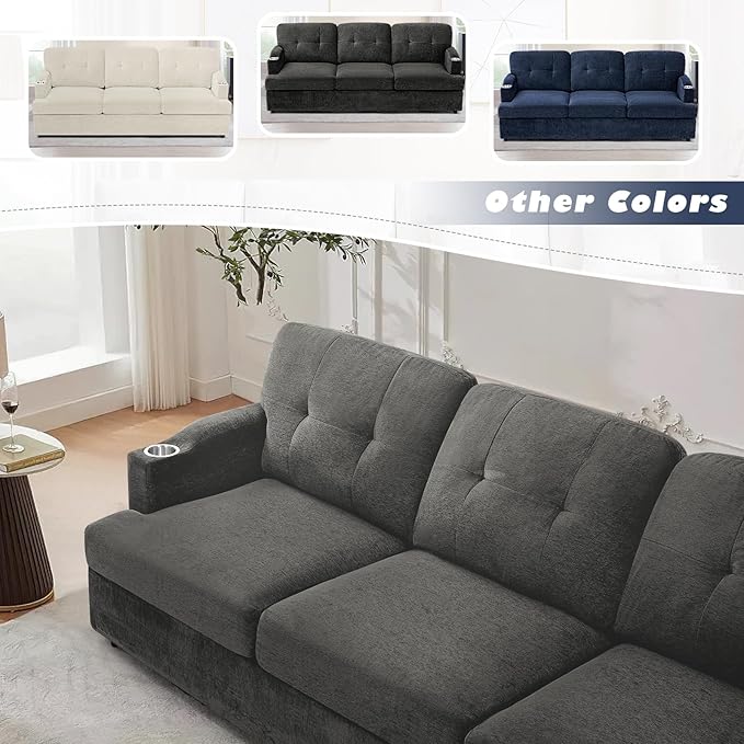 89" Chenille Modern Sofa with Cup Holder, Tufted Upholstered Couch with Thickened Cushions, Comfy 3 Seater Sofa with Deeper Seat for Living Room, Apartment, Grey