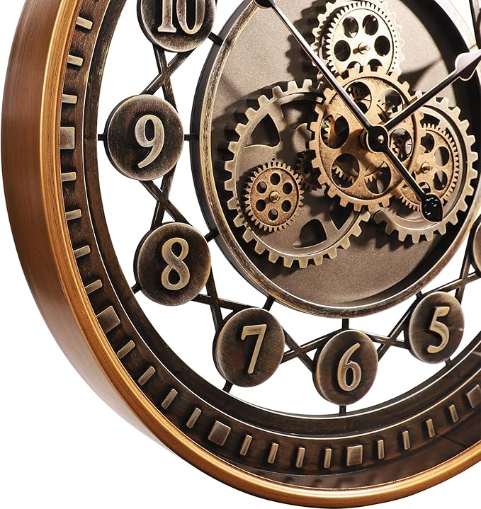 24 Inch Wall Clock with Moving Gears Large Industrial Steampunk Metal Clock Antique Gold Oversized Farmhouse Decor Wall Clock for Living Room Home Office(Bronze Brown-Arabic Numerals)