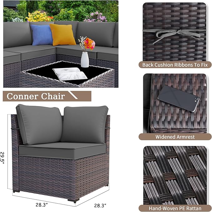 Kurapika 7 Pieces Patio Furniture Set, Rattan Wicker Outdoor Conversation Sets w/43in Propane Fire Pit Table and 4 Inch Cushion(Grey)