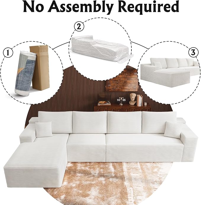3-Piece Boneless Modular Sectional Sofa, Cloud Couch with Left Facing Chaise, Oversized Deep Seat, Soft Corduroy Fabric, Sectional Couch for Living Room-White