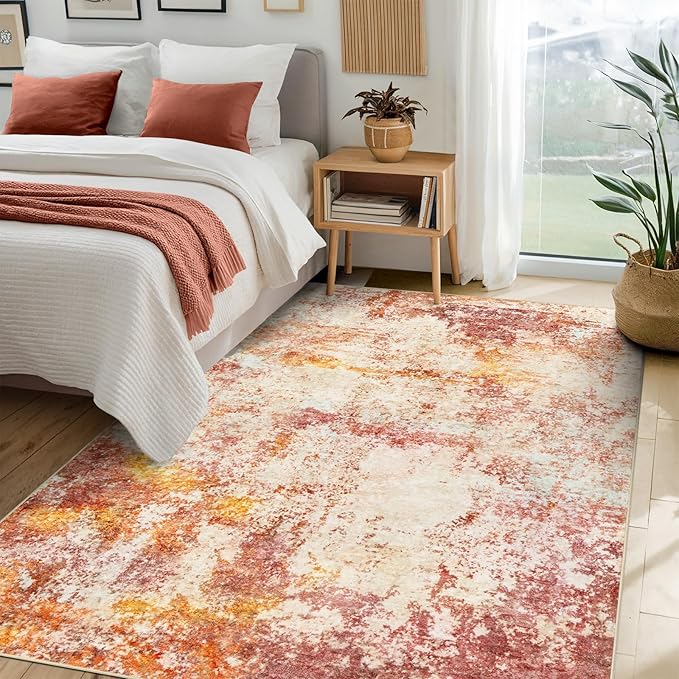Area Rug Living Room Rugs - 5x7 Washable Modern Neutral Abstract Rugs Soft Low Pile No Slip Stain Resistant Rug Indoor Large Carpet for Bedroom Dining Room Nursery Room Home - Pink/Orange