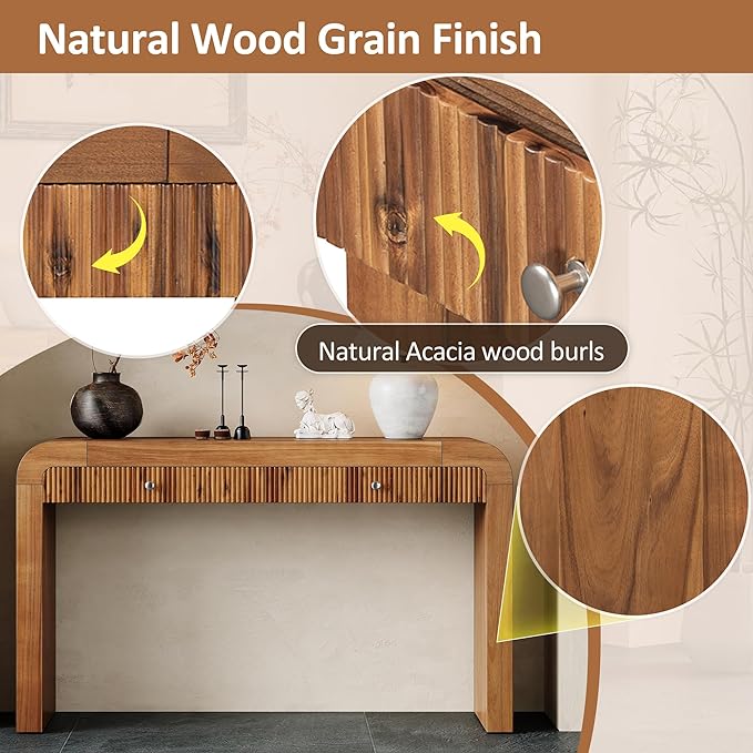 54.3" Curved Console Table with Fluted Drawer, Rustic Entryway Table and Thick Legs, Sturdy Sofa Table for Hallway & Living Room Wood (Brown)