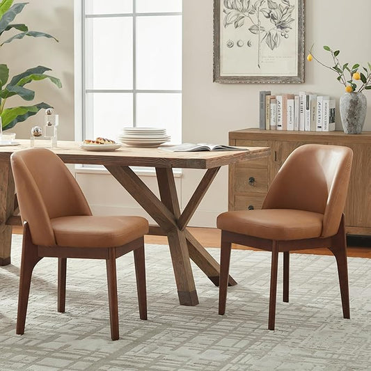 VKNOW Modern Dining Chairs Set of 2, Faux Leather Kitchen Chairs with Wood Legs, Upholstered Side Chair for Kitchen Dining Room, Brown