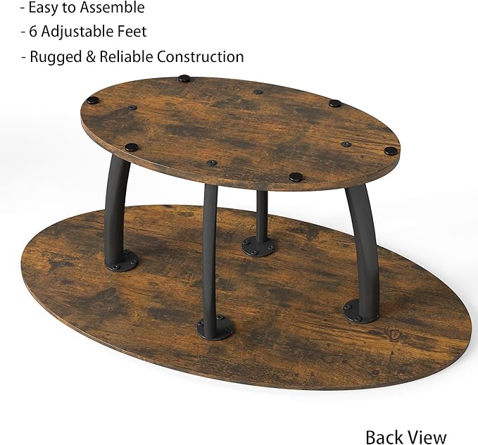 Manora Rustic Small Oval Coffee Table for Living Room, Narrow Wood Center Table with Shelf, Retro Style Coffee Table with Curved Metal Legs, Stable and Easy Assembly, Dark Brown