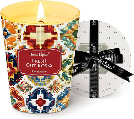 HomeLights Large jar Candle | 1-Wick Long-Lasting Scented Candles, 6.7oz Natural Soy Wax Candle for Home Scented, Bohemian Natural Textures Gifts for Women & Men, Fresh Cut Roses