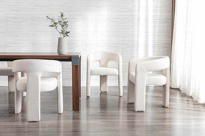 Modern Linen Fabric Upholstered Dining Chairs with Open-Back, Cute Barrel Side Chairs Kitchen Armchair Accent Chairs for Dining Room Bedroom, Ivory