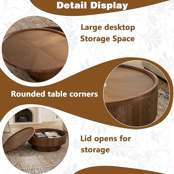30.7 inch Storage Coffee Table Round Coffee Table with Storage Modern Luxury Circle Drum Coffee Tables for Living Room Apartment Easy Assembly