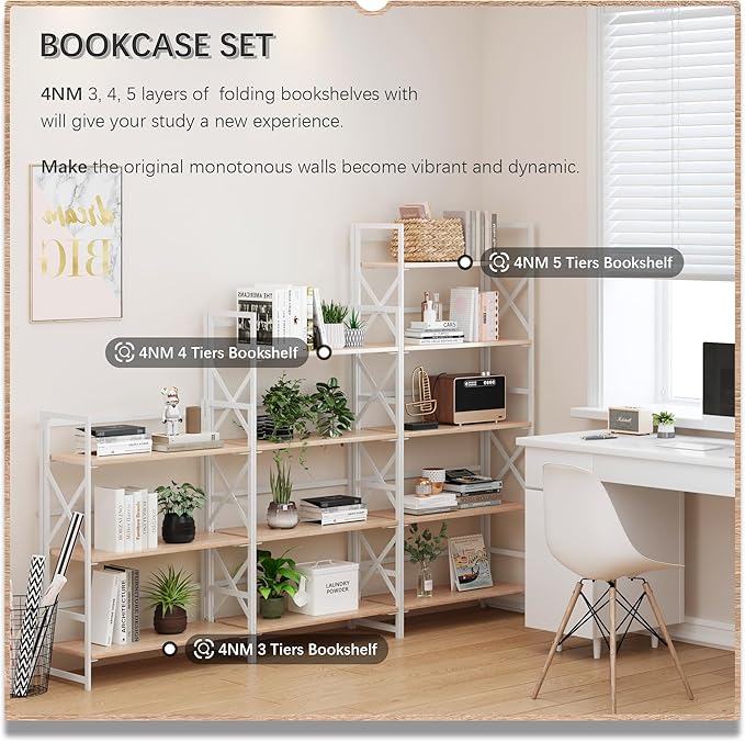 4NM 4 Tiers No Assembly Book Shelves, 41.3" H Folding Bookshelf Bookcase Open Industrial Foldable Shelves for Bedroom, Living Room, Home Office - Natural White